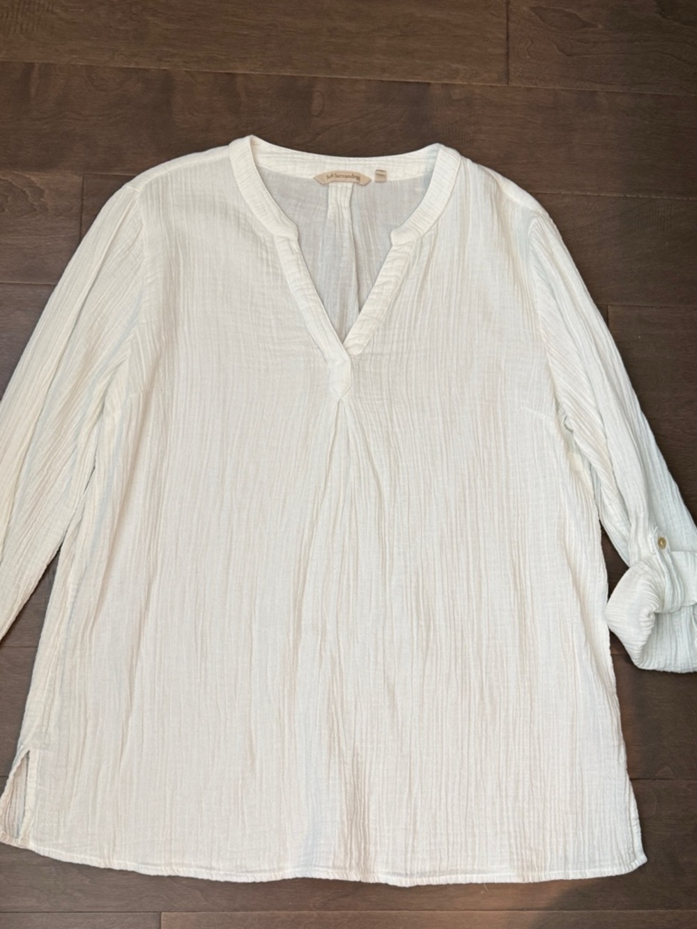 Soft Surroundings White Cotton Gauze V-Neck Tunic Top Roll Tab Sleeves Large